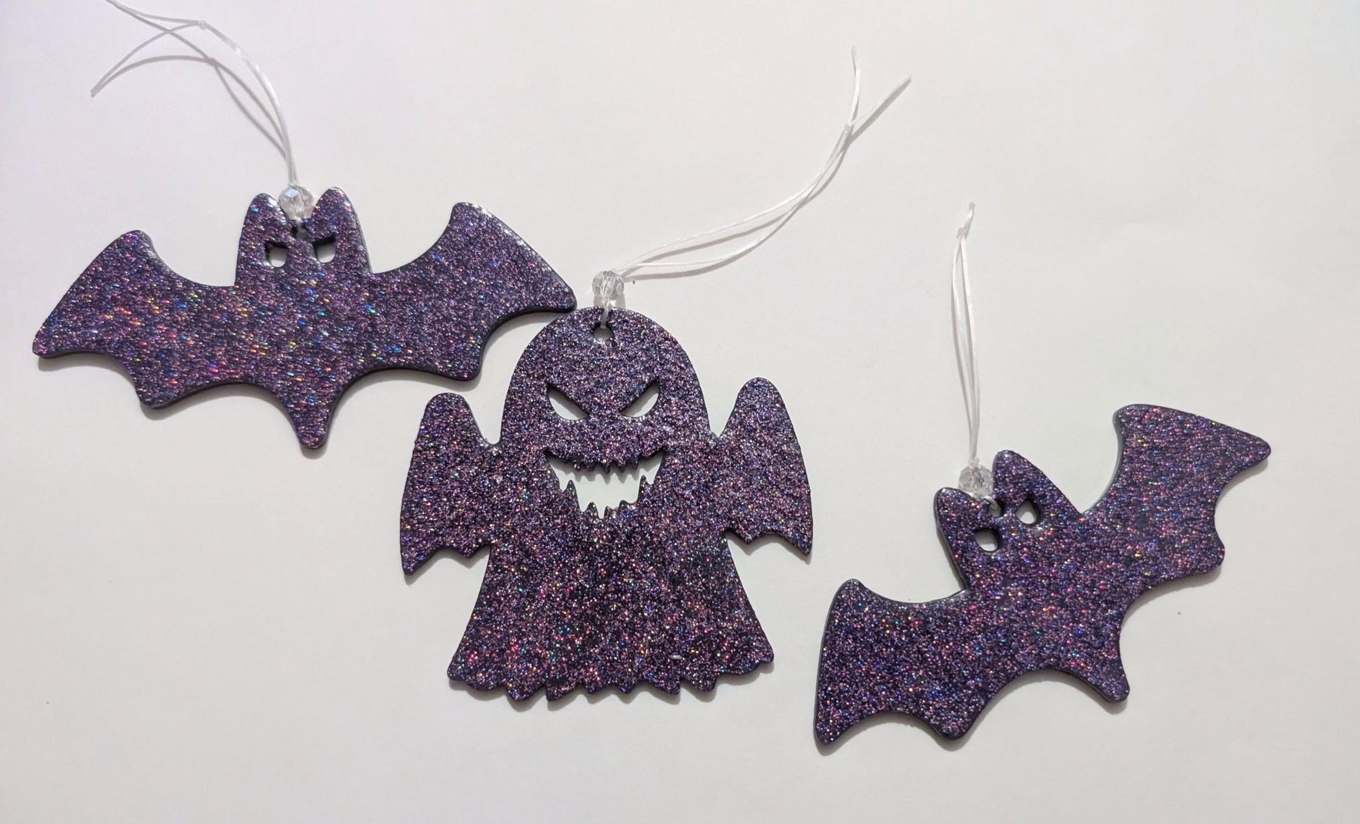 Purple Glitter Bat & Ghost Christmas Ornaments, Gothic Decor (Set of 3) - Oh My Gothness