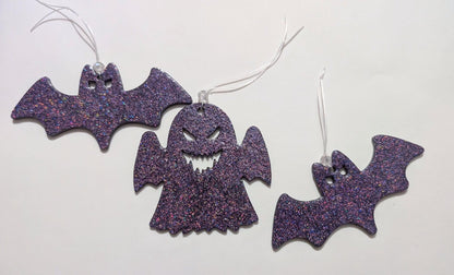 Purple Glitter Bat & Ghost Christmas Ornaments, Gothic Decor (Set of 3) - Oh My Gothness