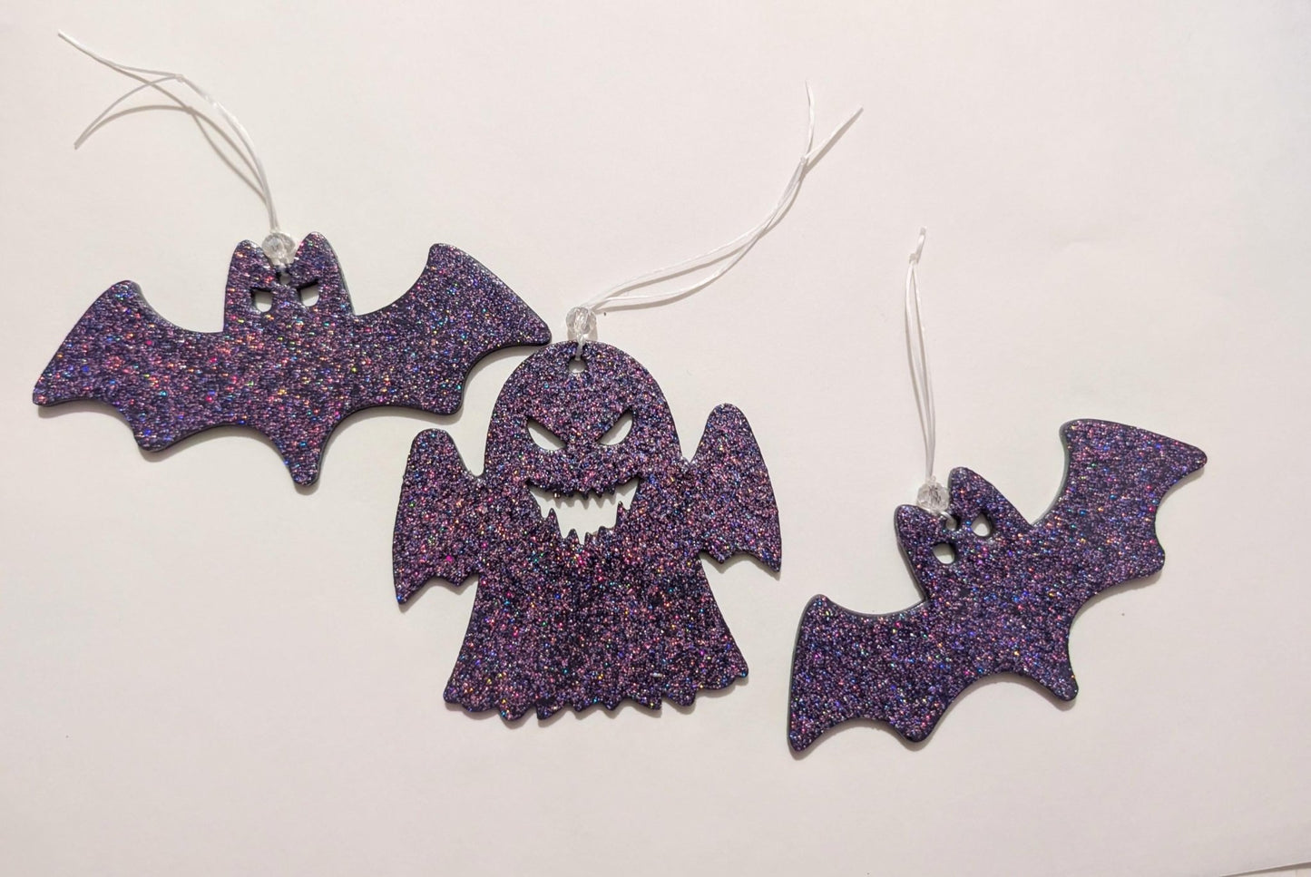 Purple Glitter Bat & Ghost Christmas Ornaments, Gothic Decor (Set of 3) - Oh My Gothness