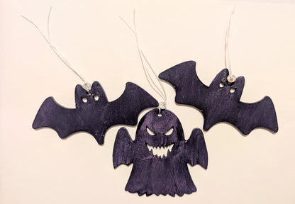 Purple Glitter Bat & Ghost Christmas Ornaments, Gothic Decor (Set of 3) - Oh My Gothness