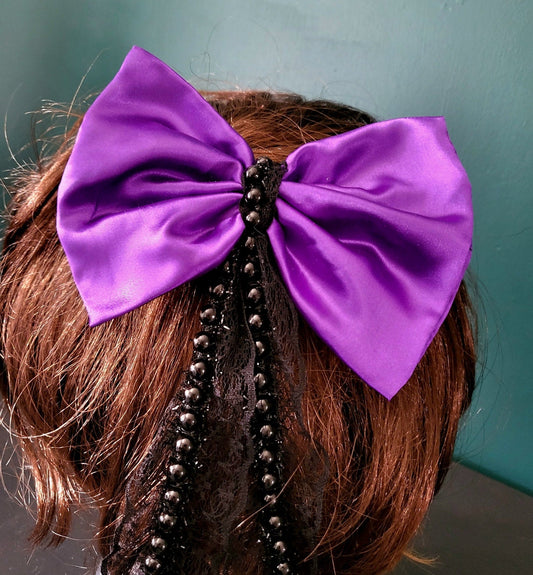 Purple Satin & Beaded Lace Big Hair Bow Gothic Party Funky Whitby Prom Theatre Crocodile Clip Handmade H8 - Oh My Gothness