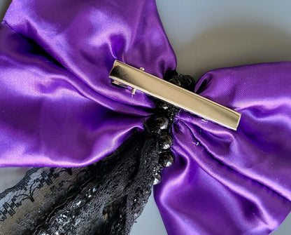 Purple Satin & Beaded Lace Big Hair Bow Gothic Party Funky Whitby Prom Theatre Crocodile Clip Handmade H8 - Oh My Gothness