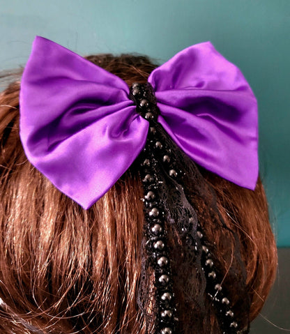 Purple Satin & Beaded Lace Big Hair Bow Gothic Party Funky Whitby Prom Theatre Crocodile Clip Handmade H8 - Oh My Gothness