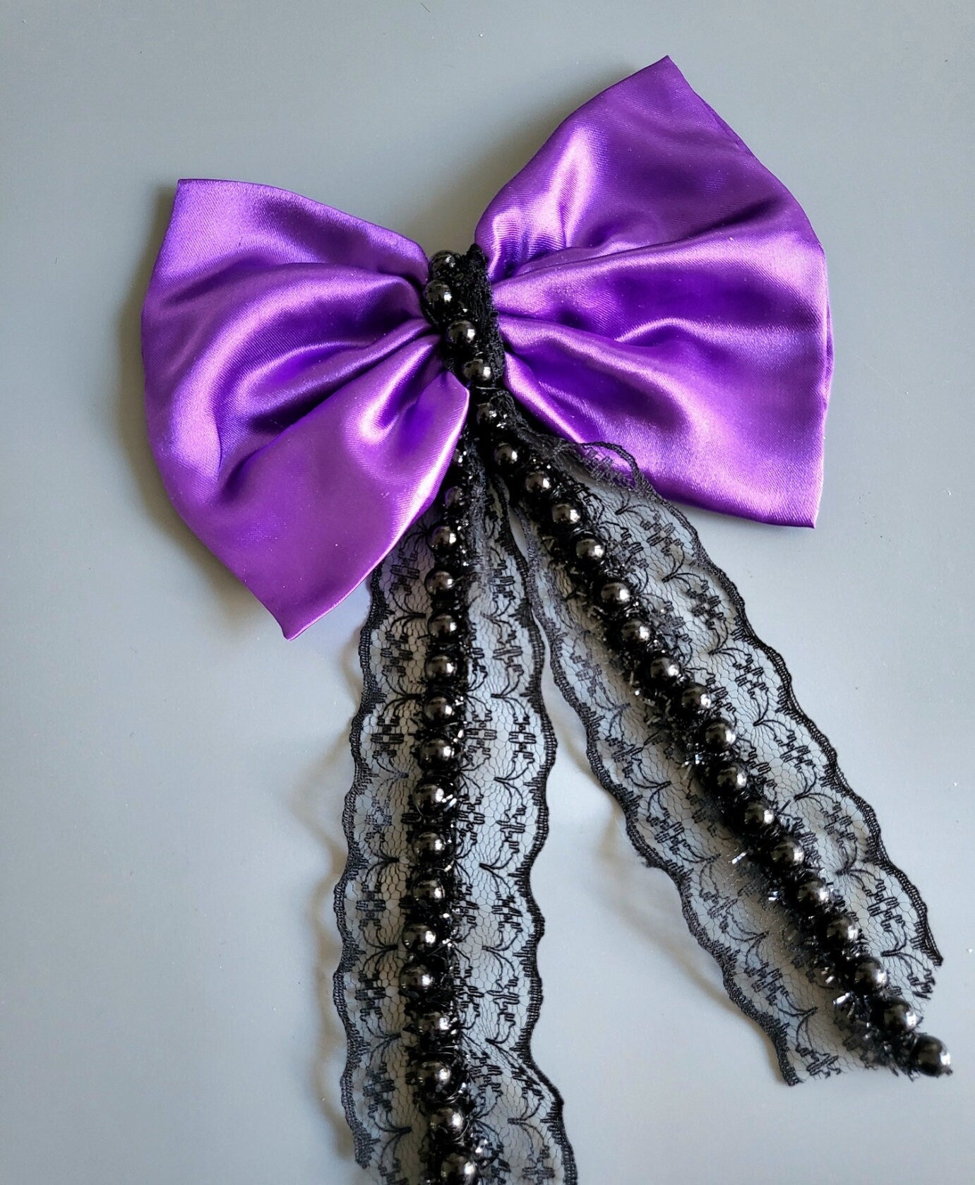 Purple Satin & Beaded Lace Big Hair Bow Gothic Party Funky Whitby Prom Theatre Crocodile Clip Handmade H8 - Oh My Gothness