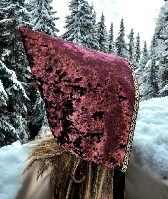 Purple Velvet Woodland Pixie Hat Bonnet Hood Lined Whimsical Fairy Adult Winter Christmas HT63 - Oh My Gothness