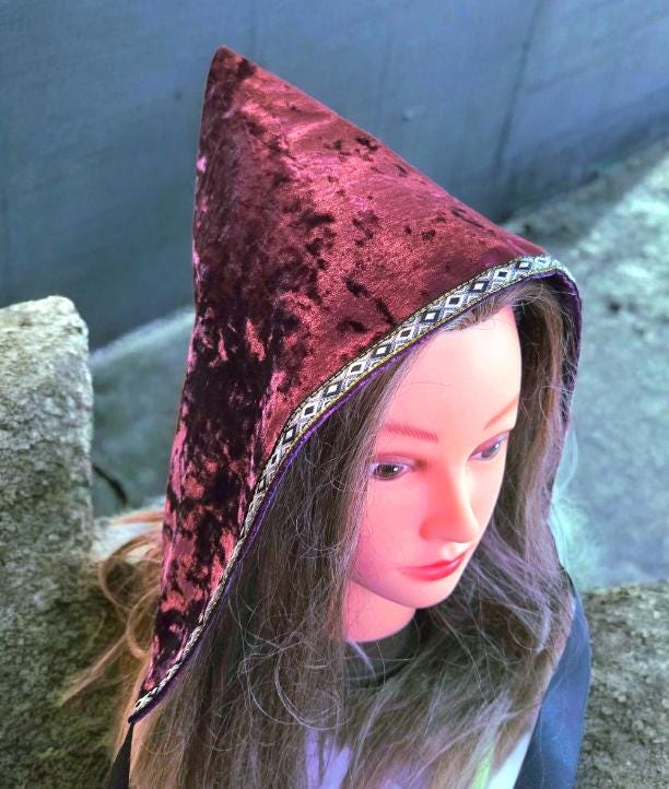 Purple Velvet Woodland Pixie Hat Bonnet Hood Lined Whimsical Fairy Adult Winter Christmas HT63 - Oh My Gothness