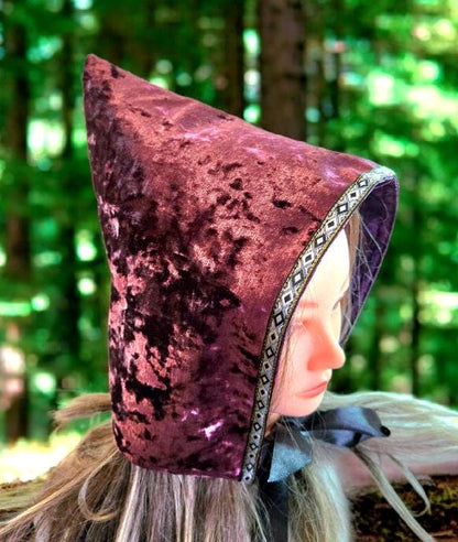 Purple Velvet Woodland Pixie Hat Bonnet Hood Lined Whimsical Fairy Adult Winter Christmas HT63 - Oh My Gothness