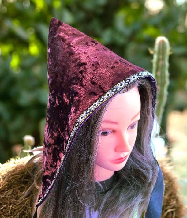 Purple Velvet Woodland Pixie Hat Bonnet Hood Lined Whimsical Fairy Adult Winter Christmas HT63 - Oh My Gothness