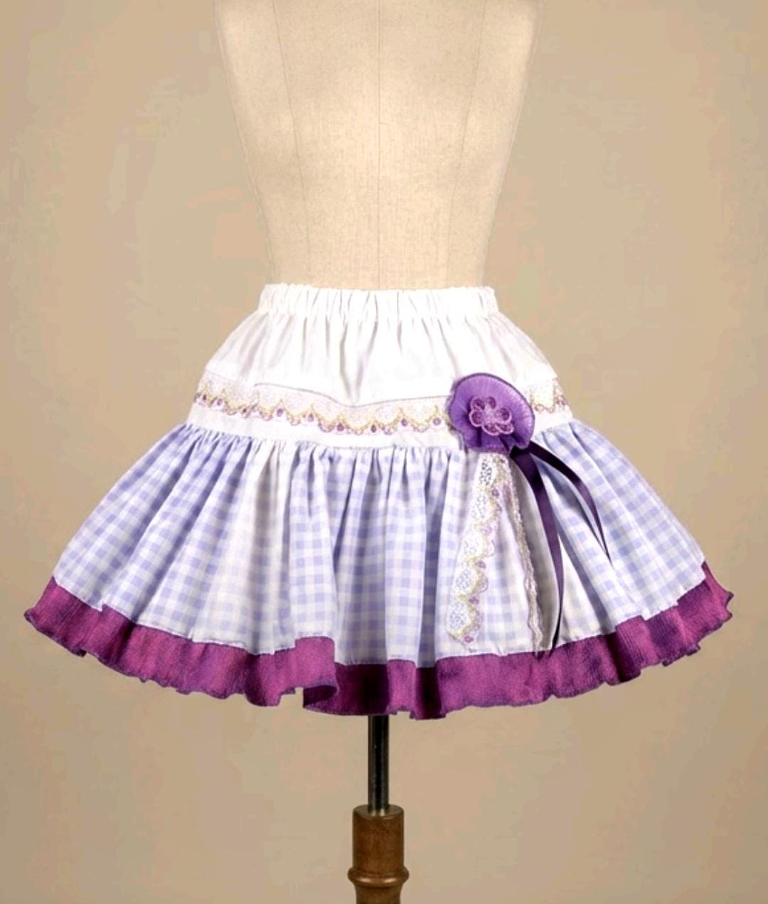 Purple White Gingham Lolita Cake Skirt - Y2K Maid Tutu Cissy Gothic Kei Size 8 - 12 (UK) - Oh My Gothness