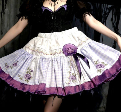 Purple White Gingham Lolita Cake Skirt - Y2K Maid Tutu Cissy Gothic Kei Size 8 - 12 (UK) - Oh My Gothness