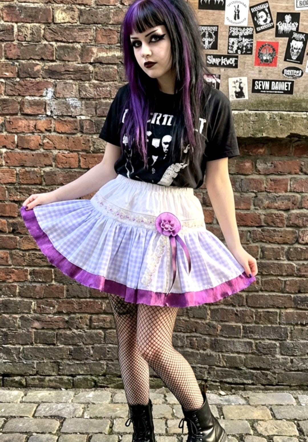 Purple White Gingham Lolita Cake Skirt - Y2K Maid Tutu Cissy Gothic Kei Size 8 - 12 (UK) - Oh My Gothness