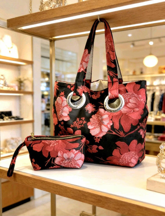 Red Black Damask Tote Shoulder Bag With Large Purse Fully Lined - Shopper Holiday - Oh My Gothness