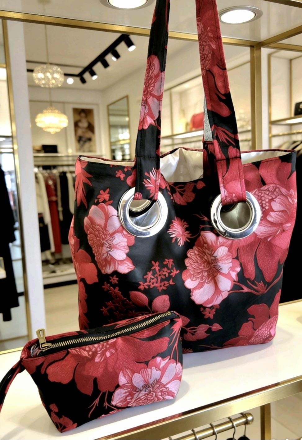 Red Black Damask Tote Shoulder Bag With Large Purse Fully Lined - Shopper Holiday - Oh My Gothness