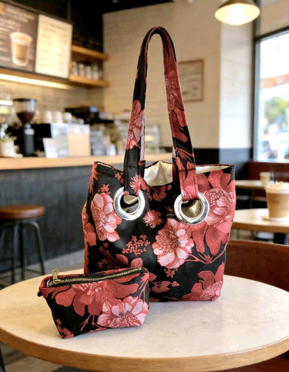 Red Black Damask Tote Shoulder Bag With Large Purse Fully Lined - Shopper Holiday - Oh My Gothness