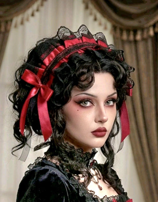 Red Black Lace Lolita Headpiece Head Band - Steampunk Maid Gothic Emo - Oh My Gothness