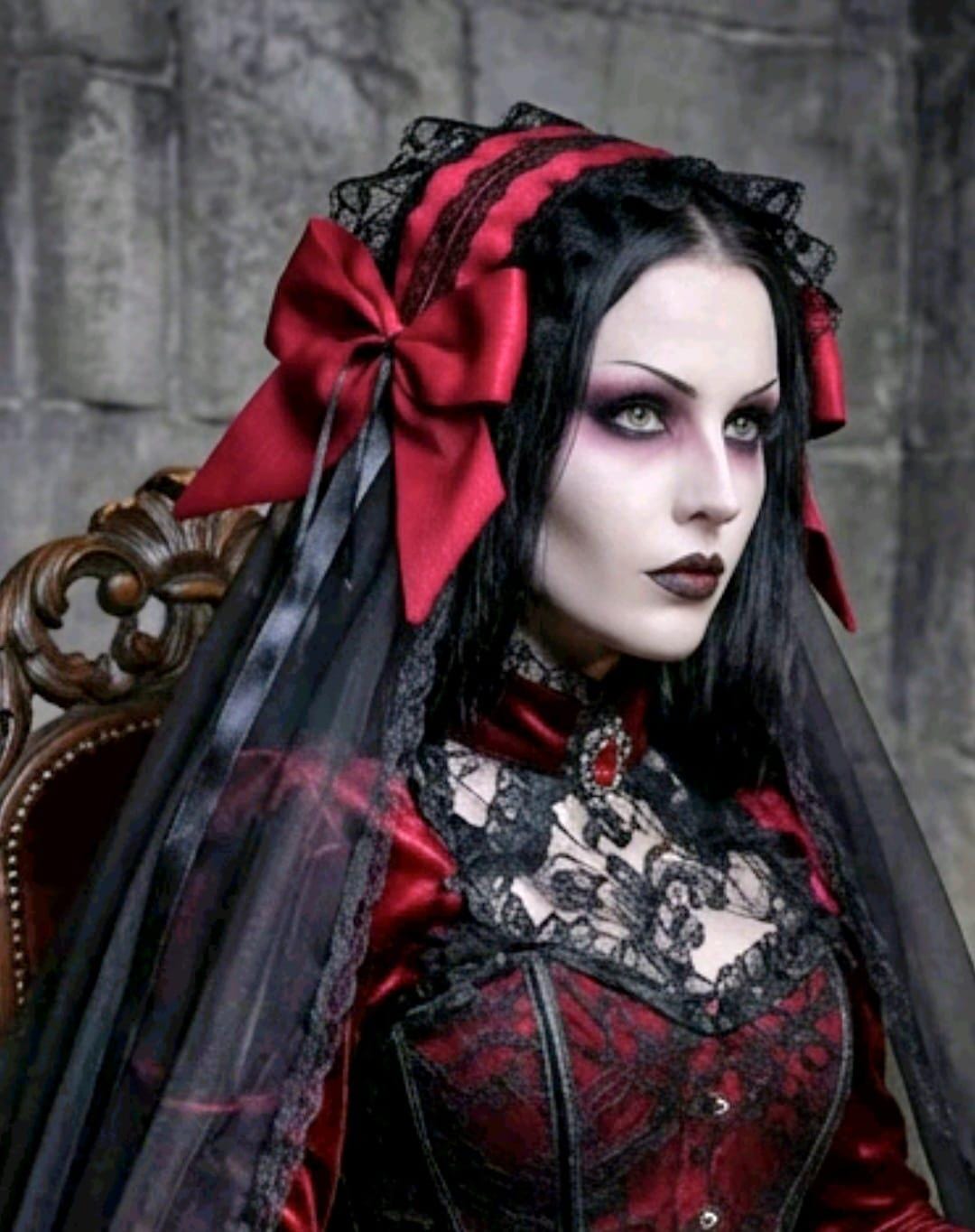 Red Black Lace Lolita Headpiece With Veil - Steampunk Maid Gothic Lolita Kawaii - Oh My Gothness