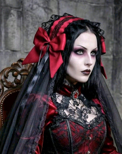 Red Black Lace Lolita Headpiece With Veil - Steampunk Maid Gothic Lolita Kawaii - Oh My Gothness