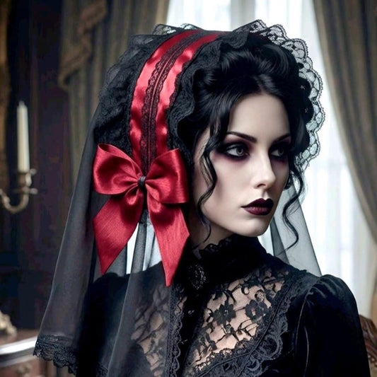 Red Black Lace Lolita Headpiece With Veil - Steampunk Maid Gothic Lolita Kawaii - Oh My Gothness