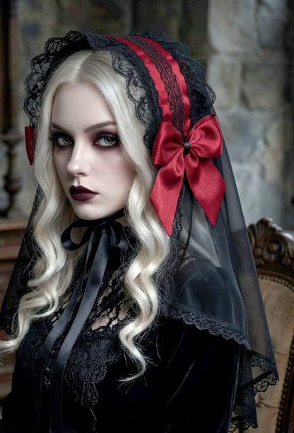 Red Black Lace Lolita Headpiece With Veil - Steampunk Maid Gothic Lolita Kawaii - Oh My Gothness