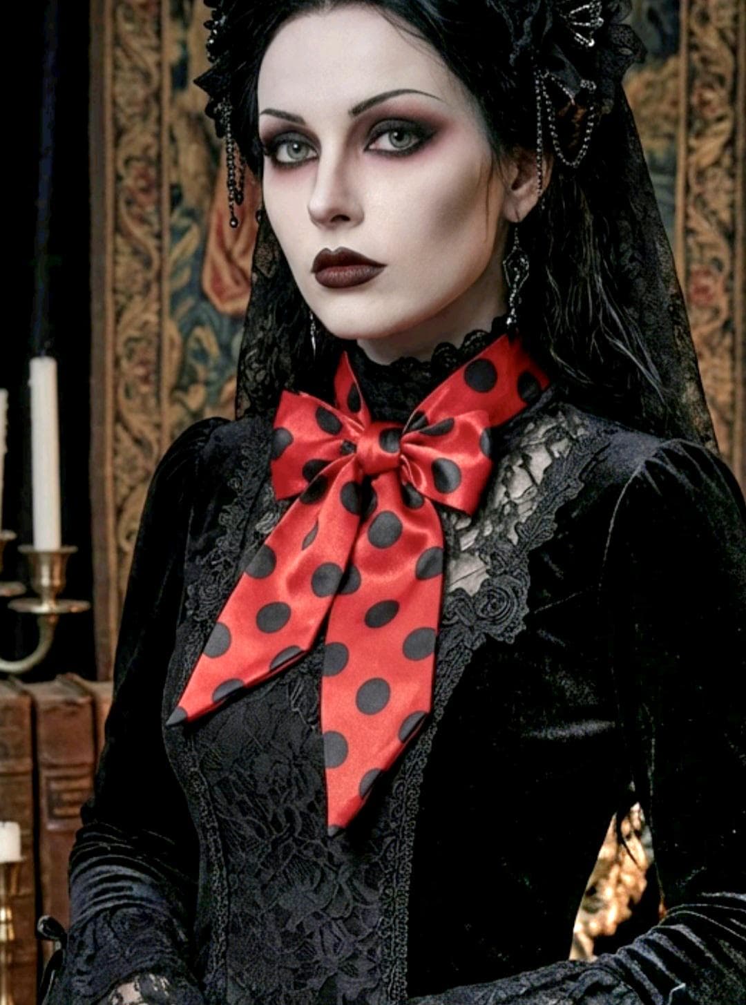 Red Black Polka Dot Satin Cravat Pussy Bow Tie - Steampunk, Victorian Costume, Gothic - Oh My Gothness