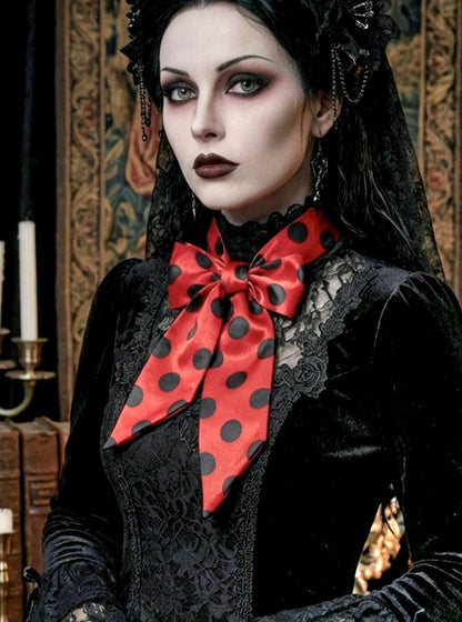 Red Black Polka Dot Satin Cravat Pussy Bow Tie - Steampunk, Victorian Costume, Gothic - Oh My Gothness