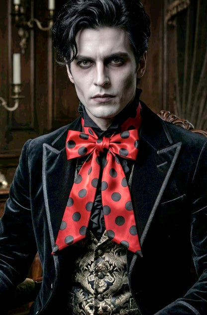Red Black Polka Dot Satin Cravat Pussy Bow Tie - Steampunk, Victorian Costume, Gothic - Oh My Gothness