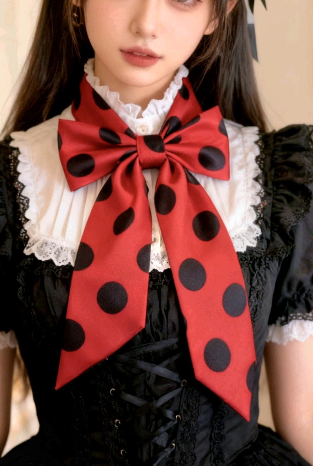 Red Black Polka Dot Satin Cravat Pussy Bow Tie - Steampunk, Victorian Costume, Gothic - Oh My Gothness