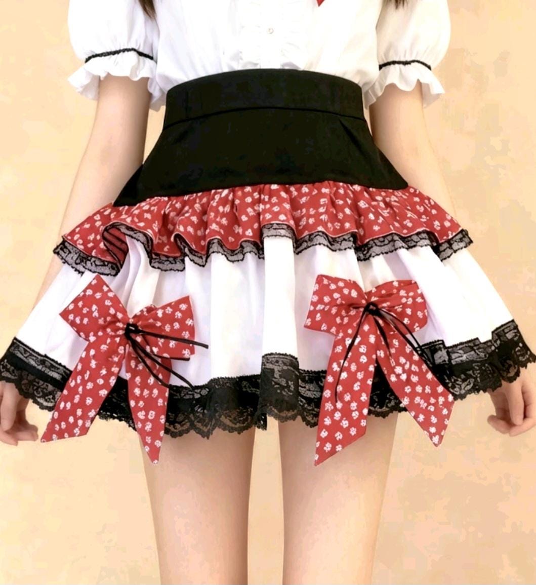 Red Black White Lolita Cake Skirt - Y2K Maid Gothic Kei, Size 10 - 14 Medium - Oh My Gothness