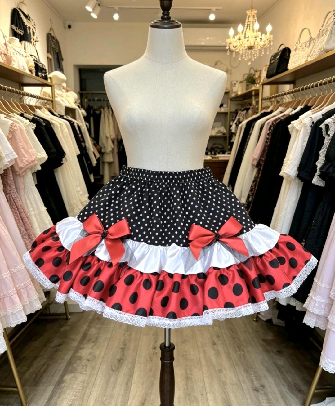 Red Black White Polka Dot Lolita Frilly Skirt - Y2K Maid Gothic Kei, Size 12 - 14 (UK) - Oh My Gothness