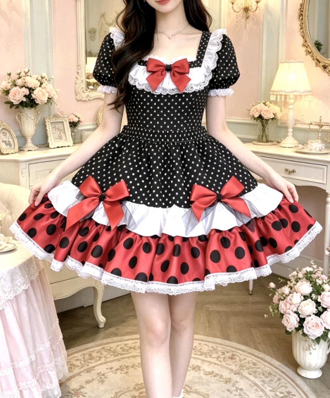 Red Black White Polka Dot Lolita Frilly Skirt - Y2K Maid Gothic Kei, Size 12 - 14 (UK) - Oh My Gothness