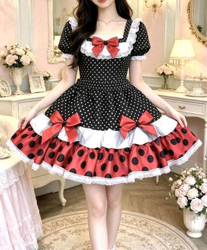 Red Black White Polka Dot Lolita Frilly Skirt - Y2K Maid Gothic Kei, Size 12 - 14 (UK) - Oh My Gothness