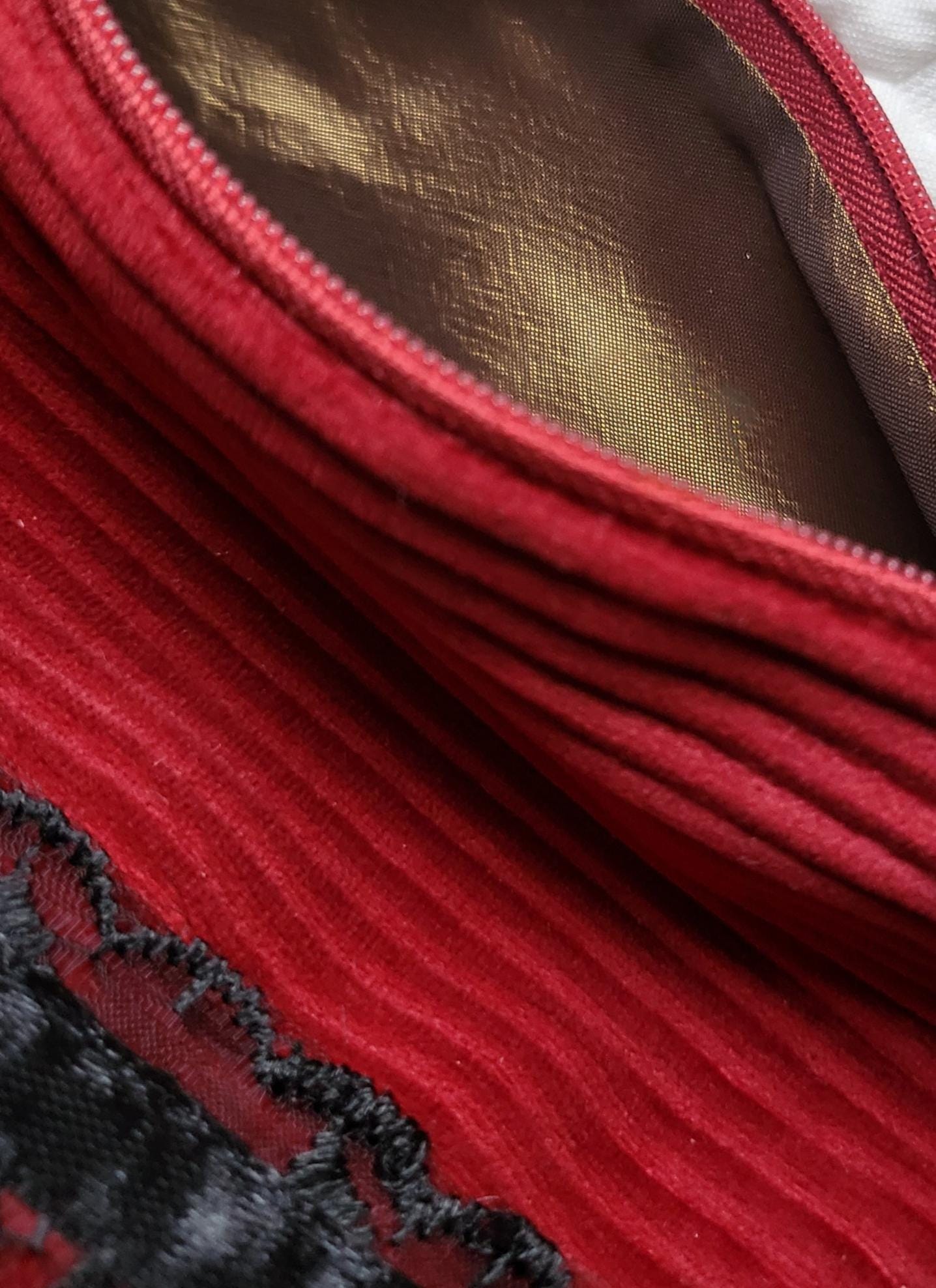 Red Corduroy Velvet & Lace OOAK Shoulder Crossbody Semi Circle Bag Fully Lined With Zip Funky Holiday Travel Festival Gift Handmade BG16 - Oh My Gothness