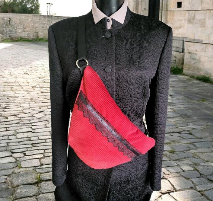 Red Corduroy Velvet & Lace OOAK Shoulder Crossbody Semi Circle Bag Fully Lined With Zip Funky Holiday Travel Festival Gift Handmade BG16 - Oh My Gothness