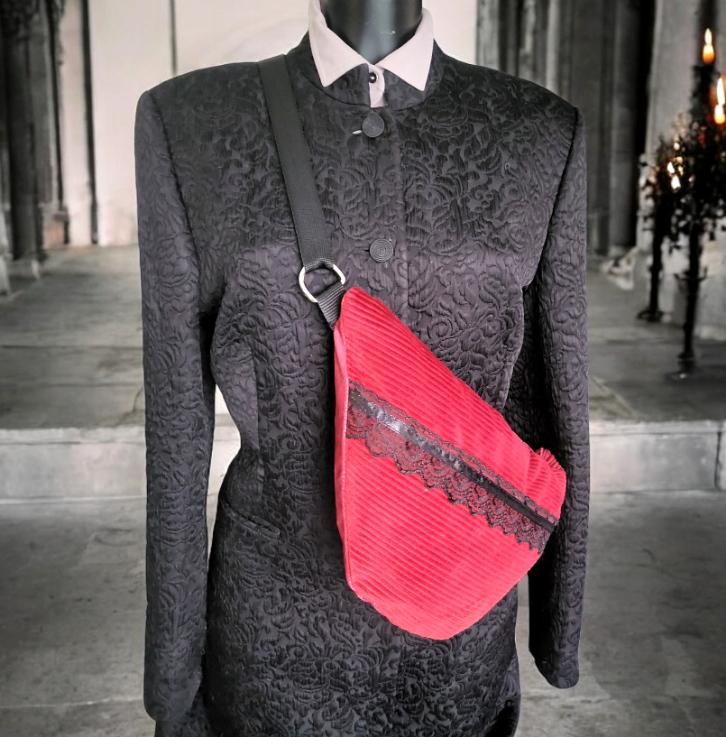 Red Corduroy Velvet & Lace OOAK Shoulder Crossbody Semi Circle Bag Fully Lined With Zip Funky Holiday Travel Festival Gift Handmade BG16 - Oh My Gothness