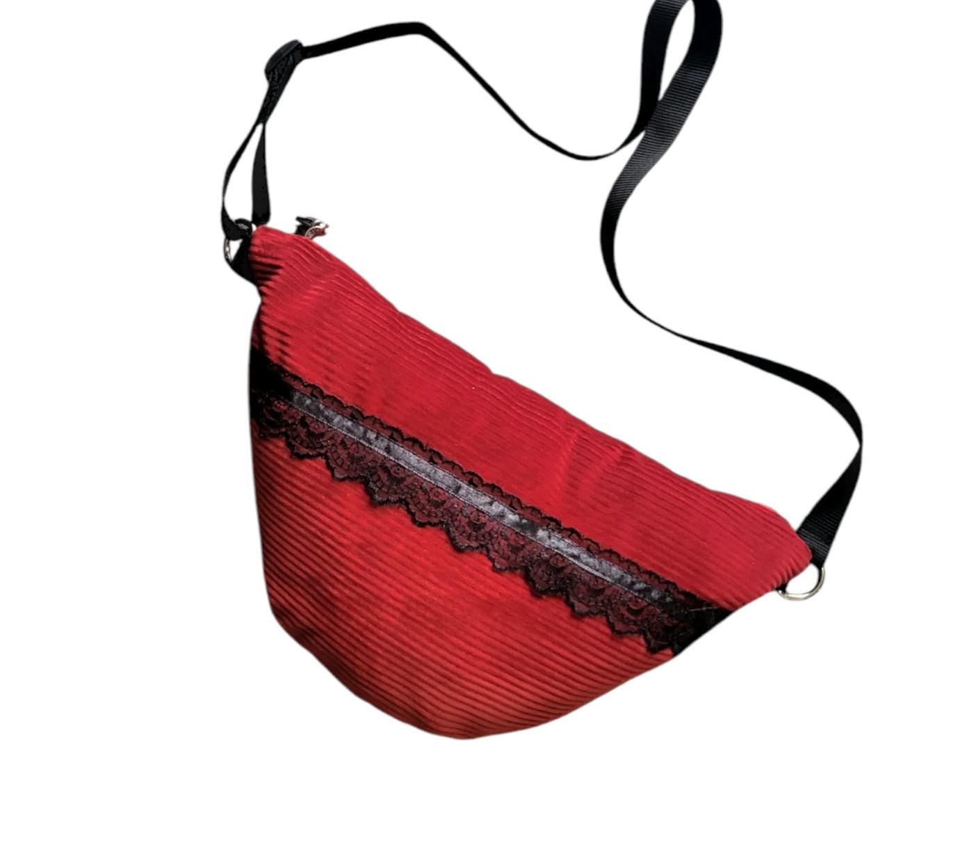 Red Corduroy Velvet & Lace OOAK Shoulder Crossbody Semi Circle Bag Fully Lined With Zip Funky Holiday Travel Festival Gift Handmade BG16 - Oh My Gothness