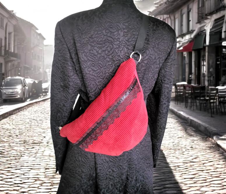 Red Corduroy Velvet & Lace OOAK Shoulder Crossbody Semi Circle Bag Fully Lined With Zip Funky Holiday Travel Festival Gift Handmade BG16 - Oh My Gothness