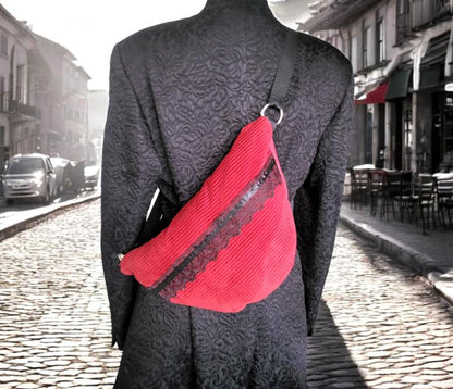 Red Corduroy Velvet & Lace OOAK Shoulder Crossbody Semi Circle Bag Fully Lined With Zip Funky Holiday Travel Festival Gift Handmade BG16 - Oh My Gothness