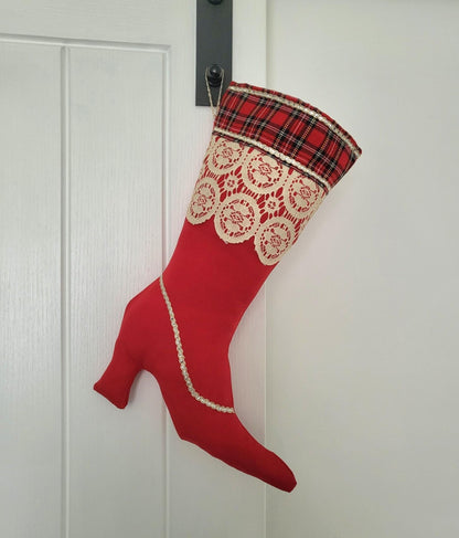 Red Stiletto Heel Christmas Stocking with Tartan & Lace - Oh My Gothness