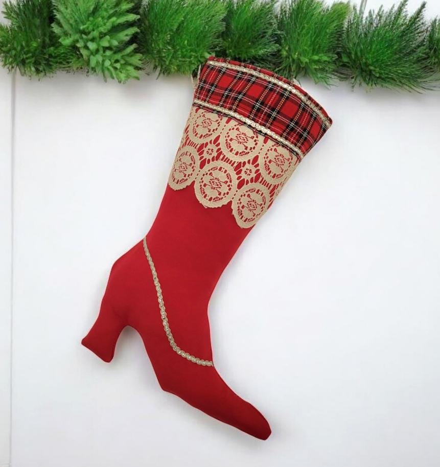 Red Stiletto Heel Christmas Stocking with Tartan & Lace - Oh My Gothness