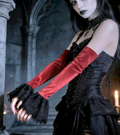 Red Velour Velvet Long Arm Warmers Black Lace, Gothic Victorian Sleeves Opera Gloves - Oh My Gothness