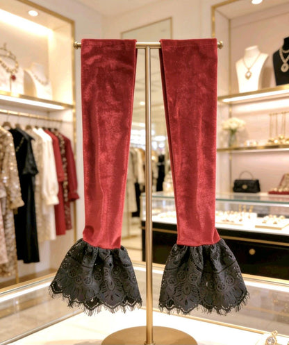 Red Velour Velvet Long Arm Warmers Black Lace, Gothic Victorian Sleeves Opera Gloves - Oh My Gothness