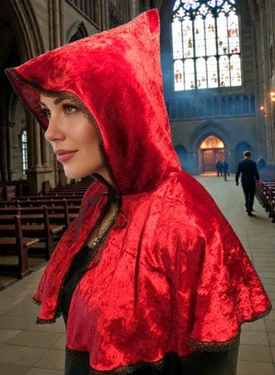 Red Velvet Cape With Hood Victorian Capelet Steampunk Whitby Regency Circular Black Lace Gothic Theatre Costume Fancy Dress CP58 - Oh My Gothness