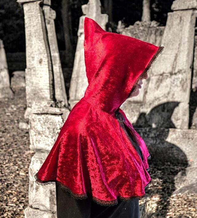 Red Velvet Cape With Hood Victorian Capelet Steampunk Whitby Regency Circular Black Lace Gothic Theatre Costume Fancy Dress CP58 - Oh My Gothness