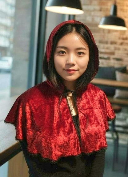 Red Velvet Cape With Hood Victorian Capelet Steampunk Whitby Regency Circular Black Lace Gothic Theatre Costume Fancy Dress CP58 - Oh My Gothness