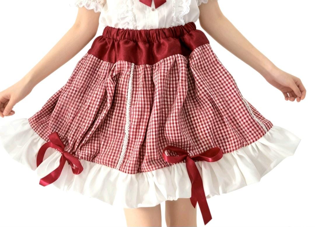 Red White Gingham Lolita Cake Skirt - Y2K Maid Gothic Kei Size 6 -10 Small - Oh My Gothness