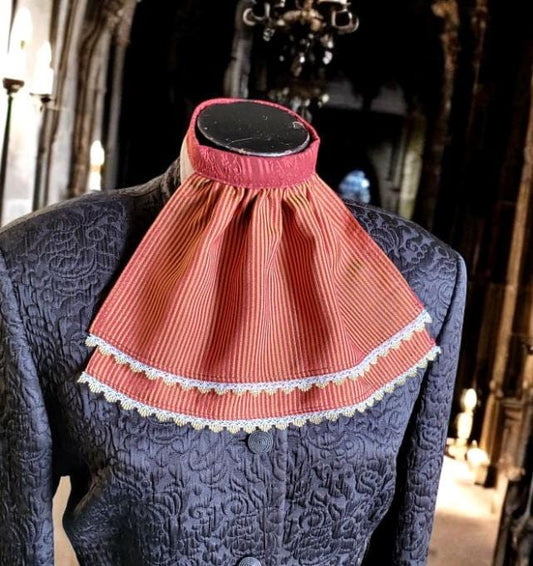 Regency Burgundy Gold Striped Jabot, Victorian Cravat with Lace - Oh My Gothness