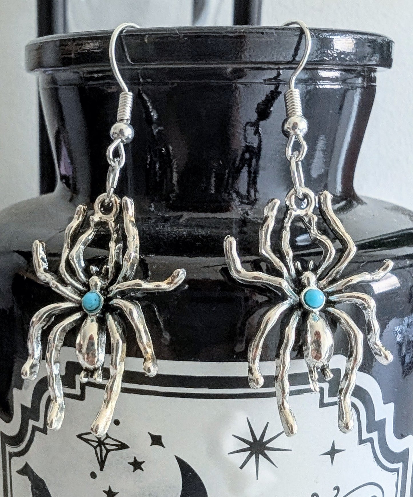 Handmade Silver-tone Metal and Turquoise Spider Dangle Drop Earrings. Spooky Gothic Gift
