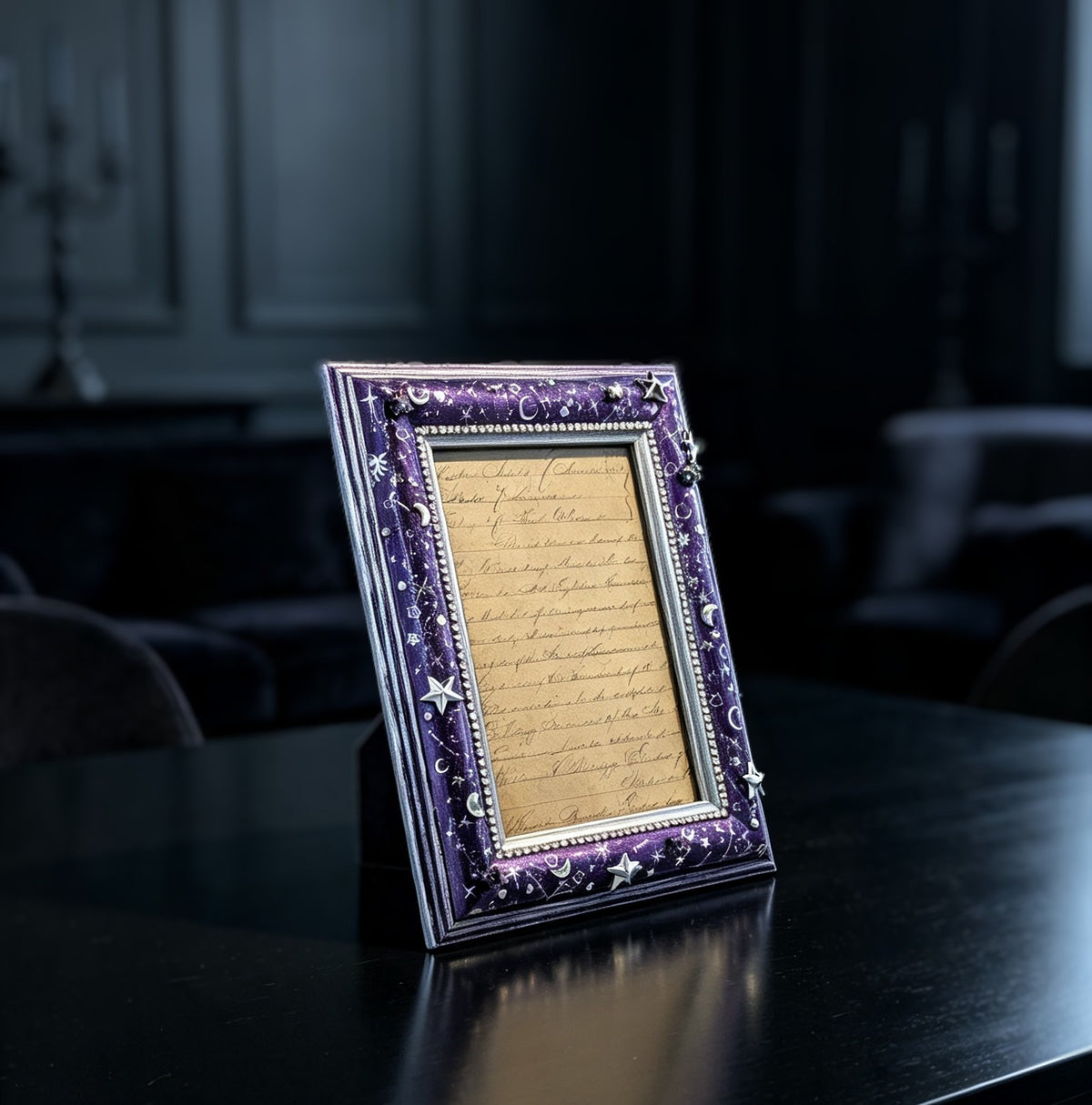 4 x 6" Picture Frame Portrait Freestanding. Metallic Purple and Silver Celestial with Diamante Design.