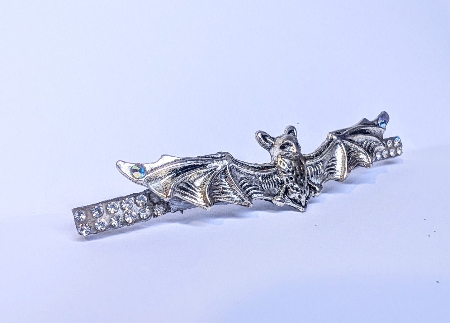 Handmade Bat Hair Slide in Silver Tone Metal and Iridescent Diamantes. Cute Gothic Hair Accessory