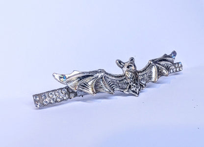Handmade Bat Hair Slide in Silver Tone Metal and Iridescent Diamantes. Cute Gothic Hair Accessory